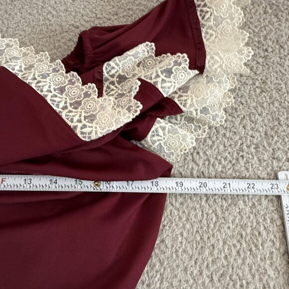 Vintage 70s Maxi Dress Burgundy Ruffle Lace Trim Peasant Cottage - Picture 6 of 9